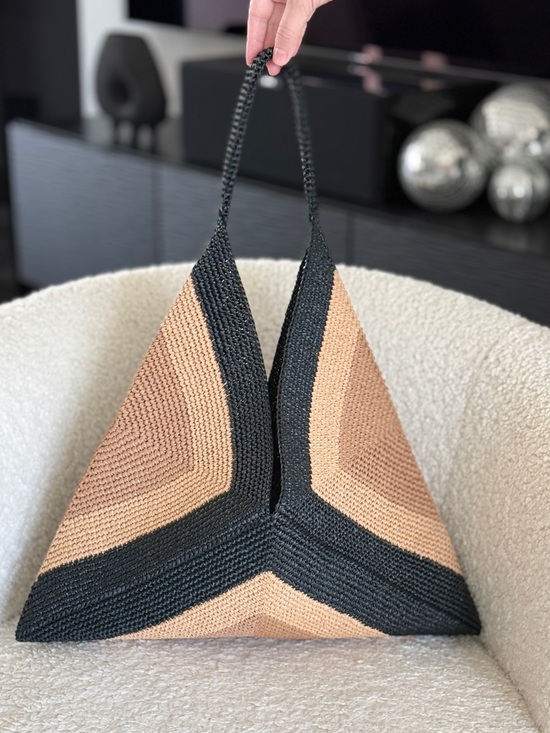 Handbags - Handmade Raffia Crochet Colorblock Tote Bag – Minimalist Geometric Shoulder Bag